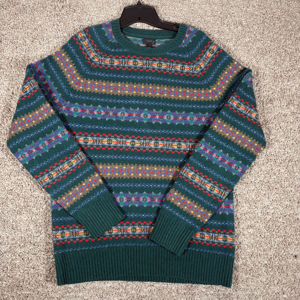 J.Crew Mens Green Fair Isle Lambswool Crewneck Sweater Medium 10164